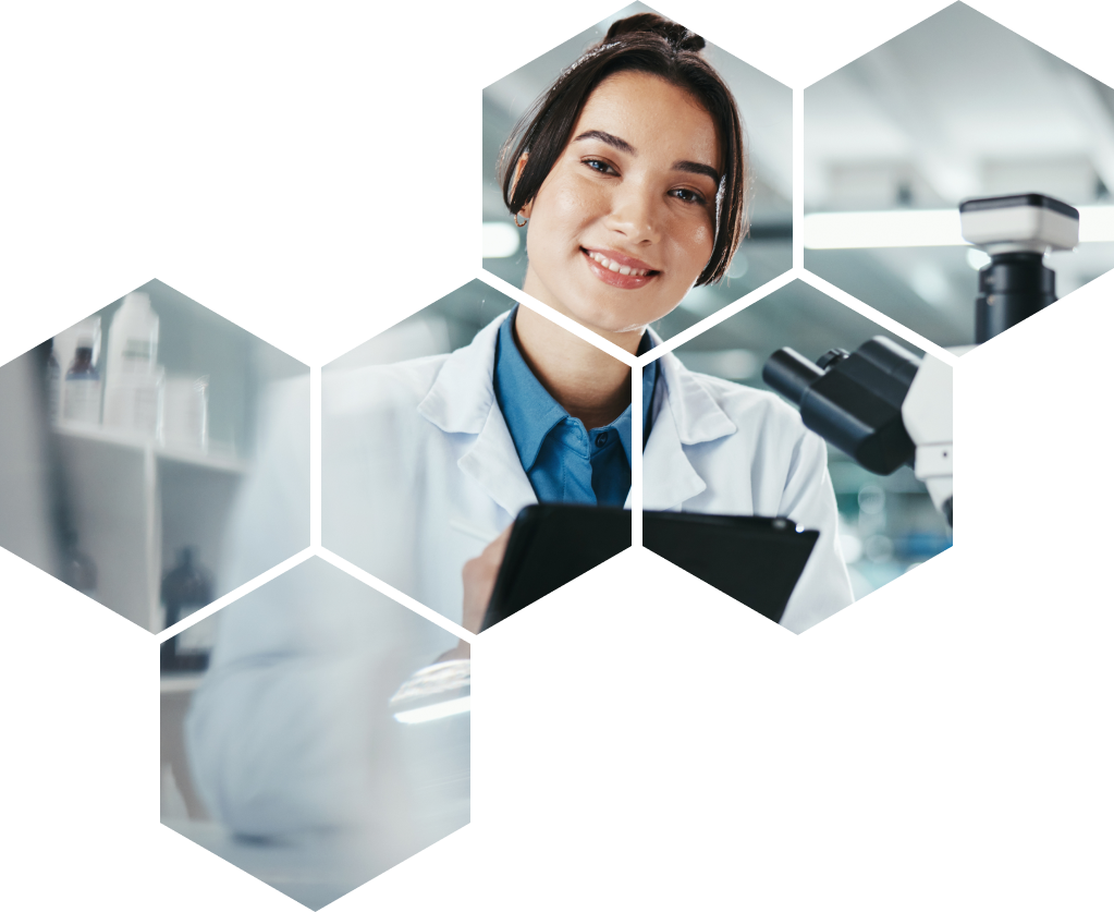 Hexagonale Ausschnitte zeigen das Bild einer jungen Laborkraft, die in die Kamera lächelt